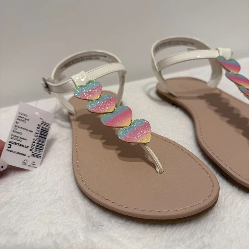 The Childrens Place‎ Girls Rainbow Glitter Heart White Sandals Size 3
